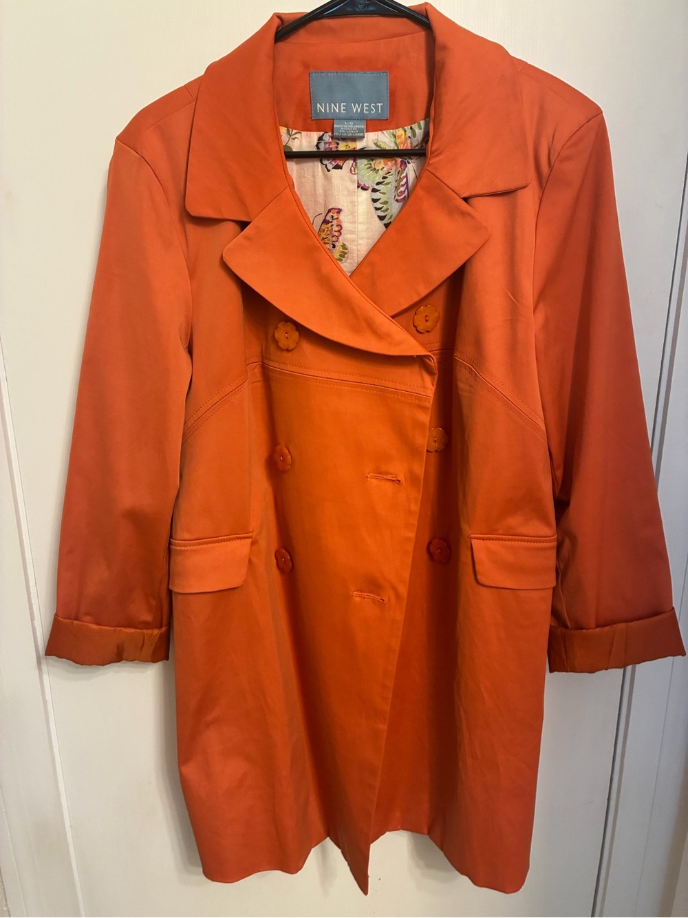 Nine West Orange Trench Coat with Flower Buttons & Butterfly Lining - Size L